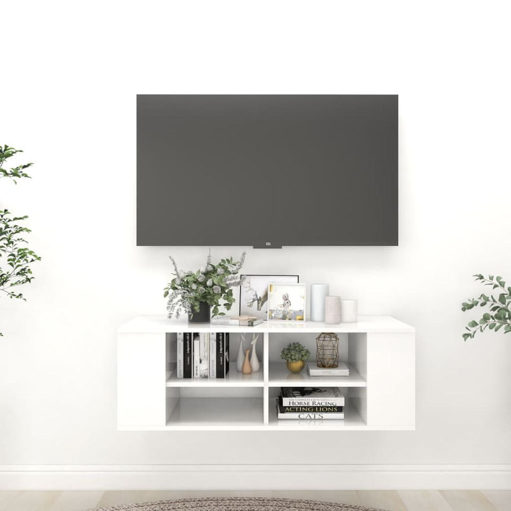 Vidaxl Nástenná TV skrinka lesklá biela 102x35x35 cm drevotrieska